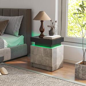 Costway Comodino con luci a LED 2 cassetti, Tavolino da divano moderno con finitura lucida effetto marmo 45x35x52cm