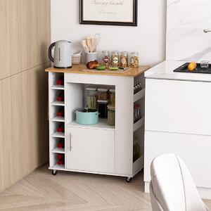Costway Isola da cucina con ruote e portabottiglie a 6 scomparti piano in bambù, Carrello da cucina 76x44x89cm Bianco