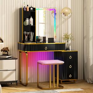 Costway Toeletta da trucco RGB con specchio 7 luci LED dinamiche porte USB type-c e 4 cassetti, Tavolo da trucco Nero