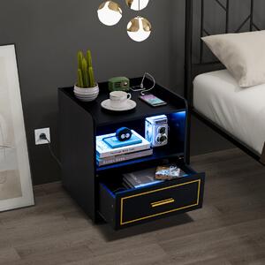 Costway Comodino a LED con 2 porte USB ripiano aperto e cassetto, Tavolino vintage da divano Nero