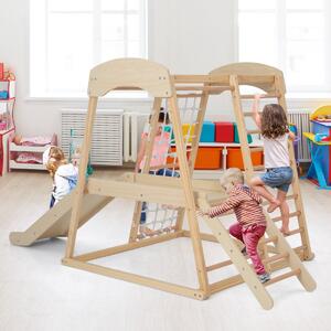 Costway Parco giochi 6-in-1 per bambini 1+ anni con barre di scimmia scivolo corda e scale in legno, Palestra in legno Naturale