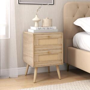 Costway Comodino in rattan con 2 cassetti gambe in legno massello, Tavolino comodino Boho laterale per soggiorno Naturale