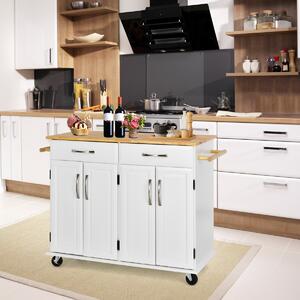 Costway Carrello da cucina con piano di lavoro in legno di gomma 4 ante ripiani regolabili, Carrello porta utensili Bianco
