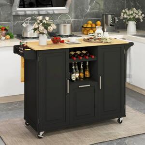 Costway Carrello cucina isola con piano ribaltabile e 4 ruote girevoli, Isola cucina con cassetto profondo portabottiglie Nero