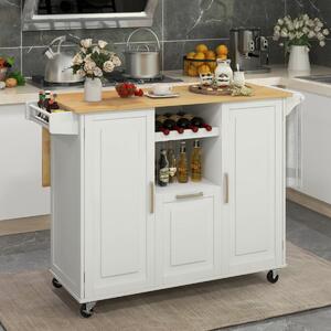 Costway Carrello cucina isola con piano ribaltabile e 4 ruote girevoli, Isola cucina con cassetto profondo portabottiglie Bianco
