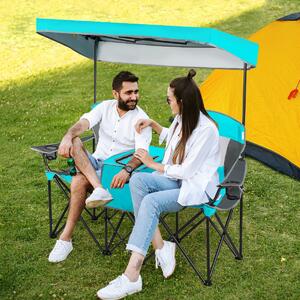 Costway Sedie da campeggio pieghevoli con tettoia borsa termica tavolino, Panchina da picnic a 2 posti regolabile Blu chiaro