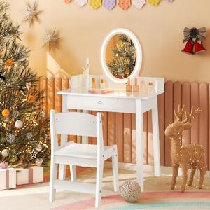 Costway Set di trucco per bambini con specchio sedia illuminazione a LED a 2 colori, Tavolo da trucco per ragazze Bianco