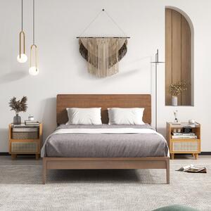 Costway Comodino in bambù e rattan con cassetto e gambe in legno massello, Tavolino da salotto boho 43x35x50cm Naturale 2 Pezzi
