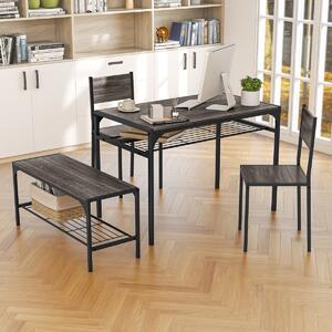 Costway Set da pranzo 4 pezzi con telaio in metallo ripiano portaoggetti, Tavolo da pranzo con 2 sedie panca per 4 persone Grigio scuro