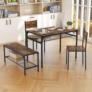 Costway Set da pranzo 4 pezzi con telaio in metallo ripiano portaoggetti, Tavolo da pranzo con 2 sedie panca per 4 persone Marrone