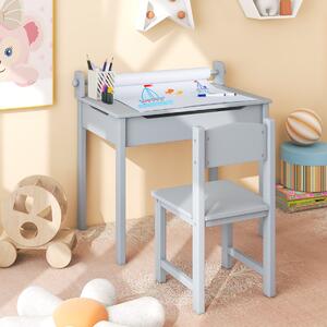 Costway Tavolo per bambini con sedia vano portaoggetti e portarotolo per disegnare giocare, Set di tavolino con sedia Grigio
