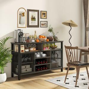 Costway Credenza per vino da 140cm con portabottiglie per 8 bottiglie, Mobiletto per caffè con porte in rete metallica Grigio