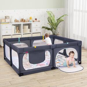 Costway Box per bambini con materassino 4 anelli e 50 palline colorate, Recinto per bambini grande 189x158cm Grigio scuro