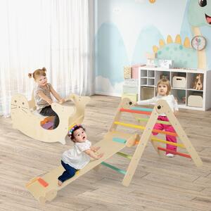 Costway Set di arrampicate 3-in-1 per bambini, Arrampicatore pieghevole in legno con scivolo reversibile dondolo Colorato