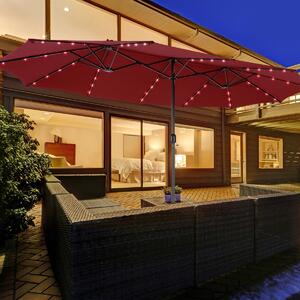 Costway Ombrellone gemello da 470cm con 48 luci LED, Ombrello da esterno a doppio lato con pannello solare auto-caricante Rosso bordeaux