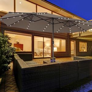 Costway Ombrellone gemello da 470cm con 48 luci LED, Ombrello da esterno a doppio lato con pannello solare auto-caricante Caffè