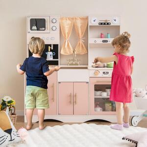 Costway Set da cucina per bambini con microonde macchina del caffè, Cucina giocattolo in legno per piccoli chef 3+ anni Rosa