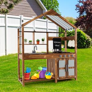 Costway Cucina di fango con tettoia rubinetto girevole e lavello rimovibile, Set da cucina per bambini 3-7 anni Naturale