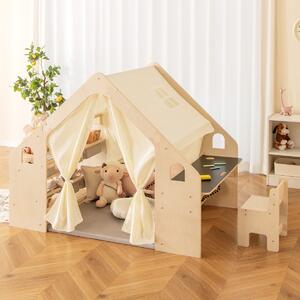 Costway Tenda da gioco per bambini 6-in-1 in legno per interni con lavagna scrivania sedia, Casetta da gioco con tende Beige