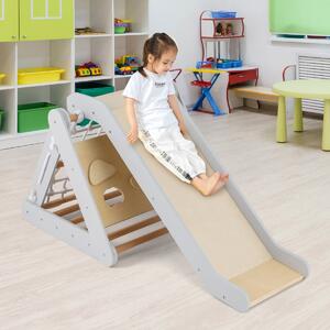 Costway Arrampicata in legno per bambini 4-in-1 con scivolo, Arrampicata a triangolo per interni con rete Grigio