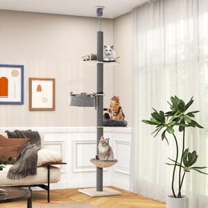 Costway Albero per gatti da pavimento a soffitto con altezza regolabile da 236 a 271 cm, Torre per gatti in legno Grigio