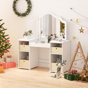 Costway Set toeletta per bambini con specchio a 3 ante rimovibile e 4 cassetti in tessuto, Mobile da trucco per bambini Bianco