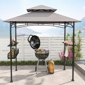 Costway Gazebo barbecue con 2 ripiani laterali cestino ganci appendiutensili, Tendone da esterno per barbecue 242x153cm Grigio