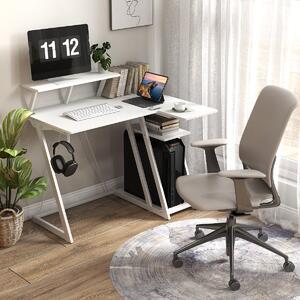 Costway Scrivania da gioco con prese e porte USB, Scrivania per computer piccola con ripiano per monitor gancio per cuffie Bianco