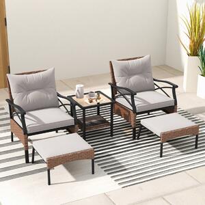 Costway Set di 5 mobili da giardino in rattan, Sedie da esterno con poggiapiedi cuscini e tavolino in vetro temperato Marrone
