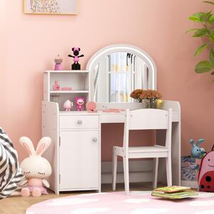 Costway Set tavolo da trucco per bambini con sedia mensole cassetto e anta, Toeletta da trucco in legno con luci LED Bianco