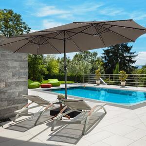 Costway Ombrellone a doppio lato con 48 luci LED solari da 470cm, Ombrello da patio con pannello solare auto-caricante Marrone