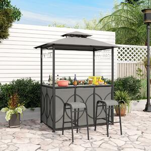 Costway Set bar da patio a 3 pezzi con tavolo in vetro temperato ripiani in metallo, Gazebo per griglia e 2 sgabelli Grigio