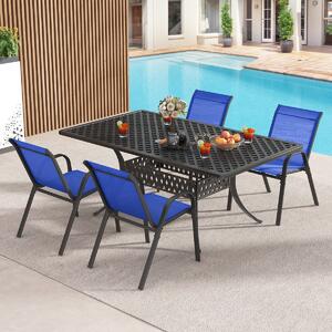 Costway Set di 4 sedie da patio impilabili in metallo con braccioli, Sedie da pranzo in tessuto traspirante Blu