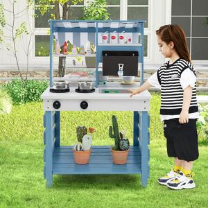 Costway Cucina giochi in legno a doppia faccia con lavandino vaschetta per l'acqua, Set di cucina per bambini dai 3+ anni Blu