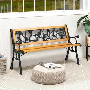 Costway Panca da giardino con struttura in metallo fuso seduta in legno, Panca ergonomica per 3 persone 126x52x74cm