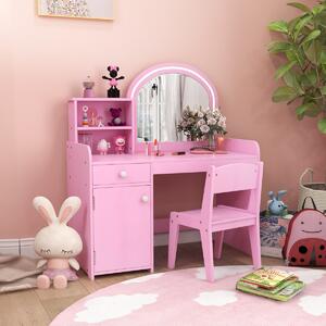 Costway Set tavolo da trucco per bambini con sedia mensole cassetto e anta, Toeletta da trucco in legno con luci LED Rosa