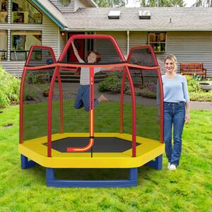 Costway Tappeto elastico 223 cm con rete di sicurezza e cuscinetto a molle, Mini tappeto elastico per bambini Rosso