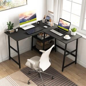 Costway Scrivania angolare da 120cm con prese di corrente e porte USB ripiani per lavoro, Scrivania a L per ufficio Nero