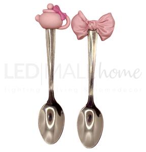 Set di 2 cucchiaini in argilla polimerica teiera e fiocco rosa
