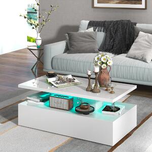 Costway Tavolino a 2 livelli con luci LED bianco lucido colori della luce regolabili, Tavolo da centro rettangolare Bianco
