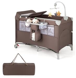Costway Lettino per bambini con materasso fasciatoio carillon e 3 giocattoli appesi, Box multiuso 5 in 1 Marrone