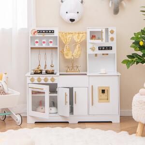 Costway Cucina da gioco per bambini dai 3+ anni con macchina da caffè lavello rubinetto e fornelli, Set di accessori in legno Bianco