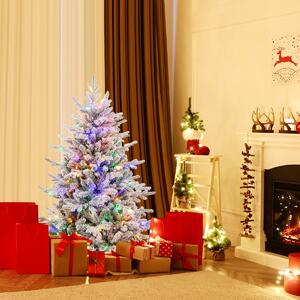 Costway Albero di Natale artificiale rivestito di neve di 135cm, Albero decorativo con cerniera e 8 modalità luminose