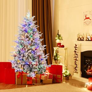 Costway Albero di Natale artificiale rivestito di neve di 186cm, Albero decorativo con cerniera e 8 modalità luminose