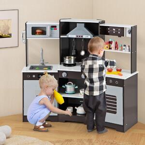 Costway Set di giocattoli in legno con cappa macchina del ghiaccio lavello rubinetto, Cucina da gioco per bambini 3+ anni Marrone