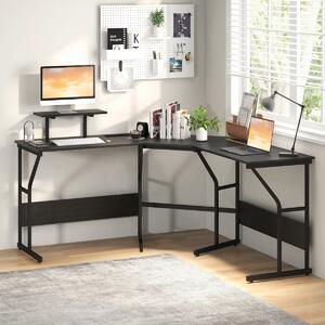 Costway Scrivania ad angolo a forma di L con presa elettrica, Scrivania per computer con supporto monitor movibile da 225cm Nero