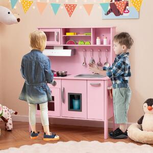 Costway Cucina giocattolo per bambini in legno, Cucina da gioco con microonde cappa aspirante lavello giocattolo Rosa scuro