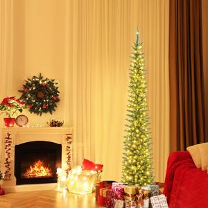 Costway Albero di Natale artificiale da 210cm, Albero di Natale slim decorativo con luci led bianche calde per casa negozio