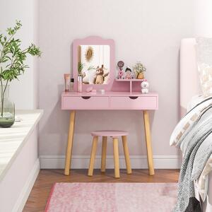 Costway Postazione trucco per bambina 2 in 1, Toeletta e sgabello in legno con specchio rettangolare 2 cassetti Rosa
