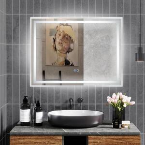 Costway Specchio da bagno LED 80x60cm con luce dimmabile a 3 colori interruttore touch, Specchio rettangolare da muro